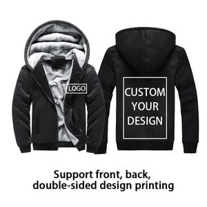 DIY HOUDIES Anpassad din egen design Print Zip Up Fleece -fodrad Sweatshirt Män Vinter Loose Jacket Winter Warm Thick Coat 240103
