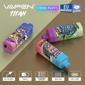 EU Warehouse Vapes Original Vapen Titan 10000 Puff 10K Puff Razz Bar engångscigaretter Fyll på 20 ml Mesh -spole uppladdningsbar luftflödeselektroniska cigs Vape Pen