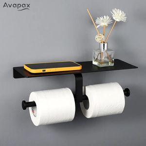 Avapax Matte Black Double Toilet Paper Roll Holder Badrumshylla Dispenser Tissue 240102