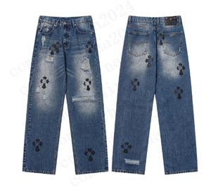 Mens Designer Make Old Washed Chromees Hearts Jeans Chrome Straight Byxor Heart Cross Brodery Letter Tryck för kvinnor Män Jeans #QA