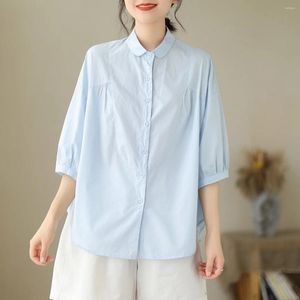 Женские блузки, хлопковые синие рубашки для женщин, весна-лето, японская мода, однотонные рубашки с короткими рукавами, одежда больших размеров