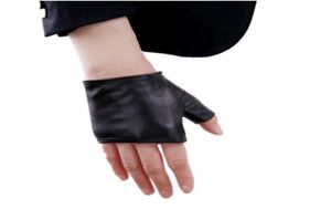 Moda meio dedo feminino luvas de pele carneiro couro genuíno luvas de condução feminino sólido preto sem dedos mittens18386331