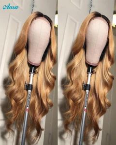 Destaque peruca de cabelo humano onda do corpo perucas dianteiras do laço mel loira marrom colorido t1b 27 ombre fechamento para mulher remy72710638122898