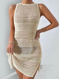 Women's Swimwear Women Knitted Crochet Tunic Beach Cover Up Sexy See-Through Hollow-Out Crew Neck Sleeveless Bikini Dress