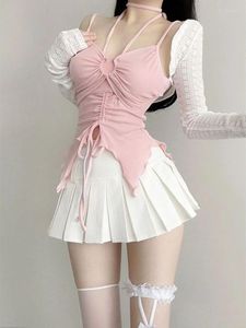 Arbetsklänningar japanska rosa kawaii 3 -stycken set kvinnor lapptäcke elegant söt veckad kjol kostym kvinnlig koreansk mode casual chic 2024