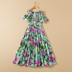 Europa och USA: s kvinnor 2024 Winter New Boat Neck Short Sleeve Flower Print Fashion Cotton Pleated Dress XXL