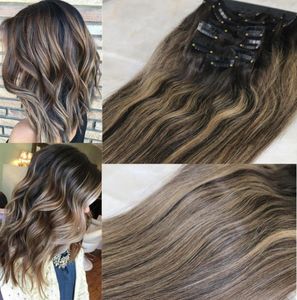 8A 7 pz 120 grammi clip nelle estensioni dei capelli umani bruna balayage dritto tessuto brasiliano dei capelli umani di Remy ombre marrone scuro Highligh3881380