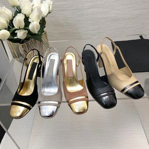 High Quality Chamois Suede Slingback thick Sandals leather sole chunky block Heels Black gold Circular toe Women's luxury designers wedding Dress office shoes