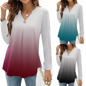 Women's Blouses Women Gradient Color Casual Shirts Tie Dye Printed Long Sleeve Cardigan Blouse V-Neck Loose Fitting Ruffled Hem Tops