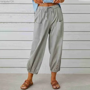 Spodnie damskie Summer dla kobiet 2024 Office dama bawełniane kieszenie lniane solidne luźne, swobodne białe, szerokie nogi długie spodnie