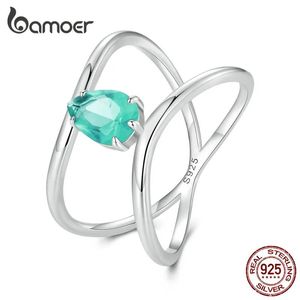Bracelets Bamoer Sterling Sier Doublelayer Cross Ring Light Green Glass Geometric Line Ring Platinum Plated Fine Jewelry for Women