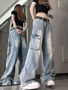 American High Street Mężczyźni i kobiety modne osobowość luźne jeansy z wieloma kieszonkowymi odzieżami roboczymi Retro Hip Hop Wide Leg Casual Pants 240103