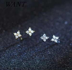 Wantme Real 925 Sterling Silver Minimalist White Zircon 4Leaf Clover Mini Small StudEarrings for Women Teen Girl Jewelry 2105632399