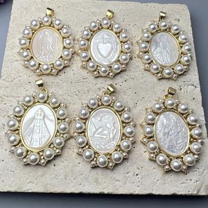 Oval medalj jungfru Mary Guadalupe hängen kvinnor pärla naturliga moppskal heliga hjärta charm för smycken tillverkning halsband 240102