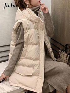 Parkas Jielur Winter warm warm schwarz Beige Weste Schichten Frauen mit Kapuzepolsterpolstere Weste Parkas Frauen lose ärmellose Jacken Frau mxxl