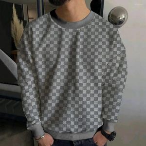 Herrtröjor runda hals långärmad topp lös passform rutig mönster pullover för män t-shirt med elastisk manschett mjuk