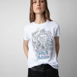 24SS Zadig Voltaire Designer Streetwear Bluza Czaszka Kwiaty Haftowane kobiety Dziewczyny Białe koszulki na świeżym powietrzu