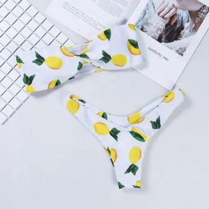 Badkläder citrontryck twist bandeau bikini set baddräkt baddräkt stropplös hög ben thong bikini push up bikini kvinnor badkläder