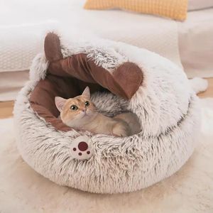 Vinterlång plysch Pet Cat Bed Round Cushion House Warm Basket Sleep Bag Kennel för liten hund 240103