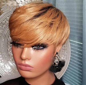 Prosty Ombre Blonde Color Short Pixie Cut Pixie Peruki ludzkie włosy 100 Remy Brazylijska koronkowa peruka dla kobiet7304810