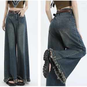 Damen-Jeans, Vintage-Stil, Harajuku, Straße, Fransen, hohe Taille, weites Bein, Denim-Hose, Damenmode, Retro, blaue Quaste, Baggy-Hosen, Rock