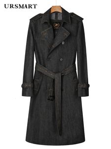 Long denim windbreaker men's over the knee double breasted British Jean trench coat Autumn and winter thickened warm jacket coat 240104