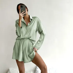 Mulheres Swimwear Verão Roupas de Praia 2024 Cobrir Mulheres Saída Tendência Lapela de Seda Manga Longa Shorts Pijama Dois Conjuntos Desgaste Casa Sólida