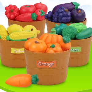 Fruit Vegetable with Storage Bucket Pretend Play Set Toys Montessori Color Fruit Vegetable Simulation Food Toys Gifts for Kids 240104