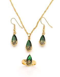 Collana con ciondolo in oro massiccio 18 carati, orecchini, anello, goccia d'acqua, set di gioielli in cristallo verde, grande gemma Rec con 78965229360311