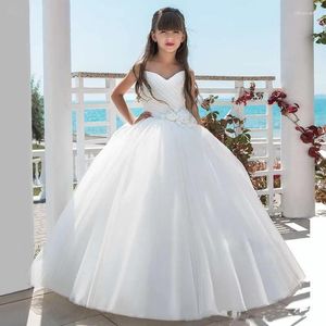Mädchen Kleider Erstkommunion Kleid für Hochzeit Applikationen Blume Weiß Tüll Spitze Niedlich Perlen Ballkleid Baby Geburtstag