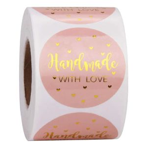 Nome dell'articolo wholesale 500 pezzi 25 mm fatti a mano con amore Adesivi di carta Kraft Etichette adesive rotonde rosa Adesivo per decorazione festa nuziale LL