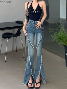 Jeans femininos y2k fenda borda com tiras queimado cintura alta jeans retro high street moda calças largas perna quente menina casual simples calças yq240104