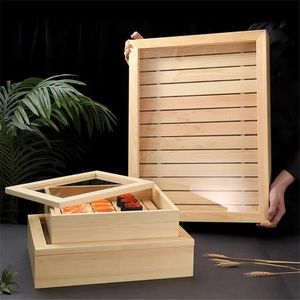 Japanische Küche Holz-Sashimi-Sushi-Box mit Deckel, Fisch-Lachs-Boxen, Rindfleisch-Teller, Restaurant-Geschirr, Lebensmittelaufbewahrung 240103