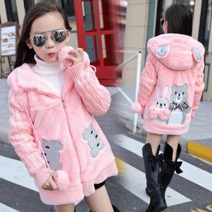 Outono inverno meninas jaqueta bonito coelho urso manter quente pequena princesa jaqueta de pelúcia com capuz zíper camisola 3-12 anos crianças roupas 240103