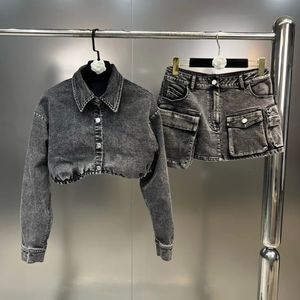 PREPOMP Spring Turn Down Collar Long Sleeve Short Grey Denim Jacket Double Pockets Mini Skirt Two Piece Set Outfits GH318 240103