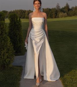 Classy Long Satin Strapless Wedding Dresses With Detachable Train Mermaid Ivory Pleated Zipper BackVestidos de Novia Abendkleider Bridal Gowns for Women