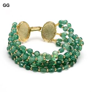 Bracelets GG Jewelry Natural 6 Rows Faceted Coin Shape Natural Green Agates Bracelet Cubic Zirconia Pave Clasp 8.5" Ethnic Style For Women