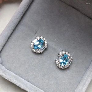 Stud Earrings S925 Silver White Gold With Natural Switzerland Blue Topaz 4 6MM For Woman Real Eardrop