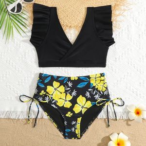 2–12 Jahre Blumenmädchen-Badeanzug für Kinder, Rüschen-Schulter-Bikini-Set, geraffte Seite, zweiteilige Kinder-Bademode, Badeanzug mit hoher Taille, 240103