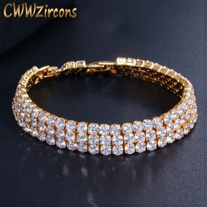 Bangle Cwwzircons 3 Row Iced Out Hip Hop Yellow Gold Color Bling Cubic Zirconia Tennis Bracelet for Men Punk Jewelry Gift Cb048