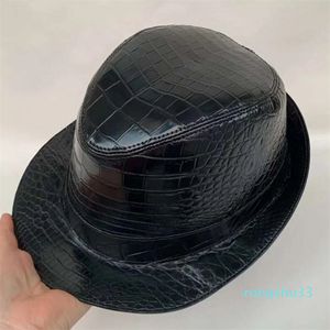 Designer autêntico pele de crocodilo chapéu bowler para senhores genuíno couro jacaré festa formal fedoras masculino boné redondo