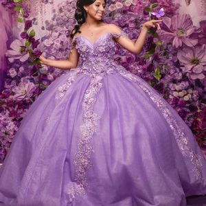 ラベンダー2024 QuinceAneraドレススパンコールスパンコール3Dフローラルオフショルダー