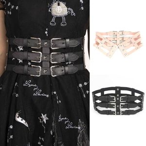 Belts Black pink Three-Row Elastic Belts For women Lady silver Pin Buckle Vintage Girdle Corset PU Leather Bustier Gothic Commerbund