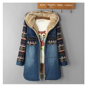 Parkas Women Denim Coat Winter 2022 Casual Print Patchwork Plus Velvet Thick Warm Loose Tops Ytterkläder Lång bomullsajorerad jacka Kvinna