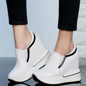 12cm High Heels Punk Trainers Women Slip On Genuine Leather Wedges Platform Pumps Female Round Toe Fashion Sneakers Casual Shoes 240103
