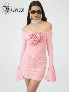 Casual Dresses VC Pink Elegant For Women Slash Neck 3D Flowers Design Long Sleeves Draped Mini Dress Fashion Party Vestidos