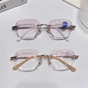 Solglasögon Rimless Women's HD Lens Läs Glasse Trendiga diamantklippta glasögon för damer unisex lyx långt syn Presbyopia 1.0 4.0