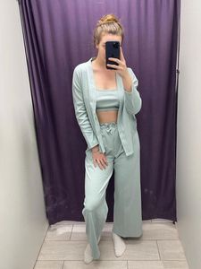 Mulheres sleepwear três peças de malha pijama conjunto para roupa interior feminina casa roupas sexy manga longa com nervuras terno casual