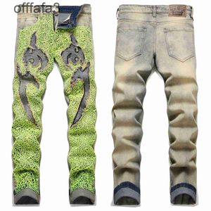 Purple Jeans Mens Pant Nuevo 2024 Summer Street Trendy Green Spider Web Carta Bordada Elástica Libre Jeans para hombres Slim Fit Pantalones de talle medio