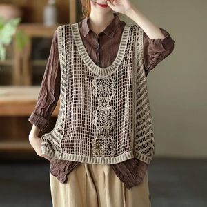 Parkas Women Knitted Vest Vneck Sleeveless Solid Color Hollowed Out Casual Vest 2023 Autumn New Vintage Loose Clothing